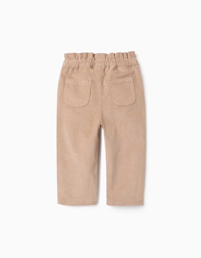 Corduroy trousers with ruffled paperbag waist for baby girls, beige