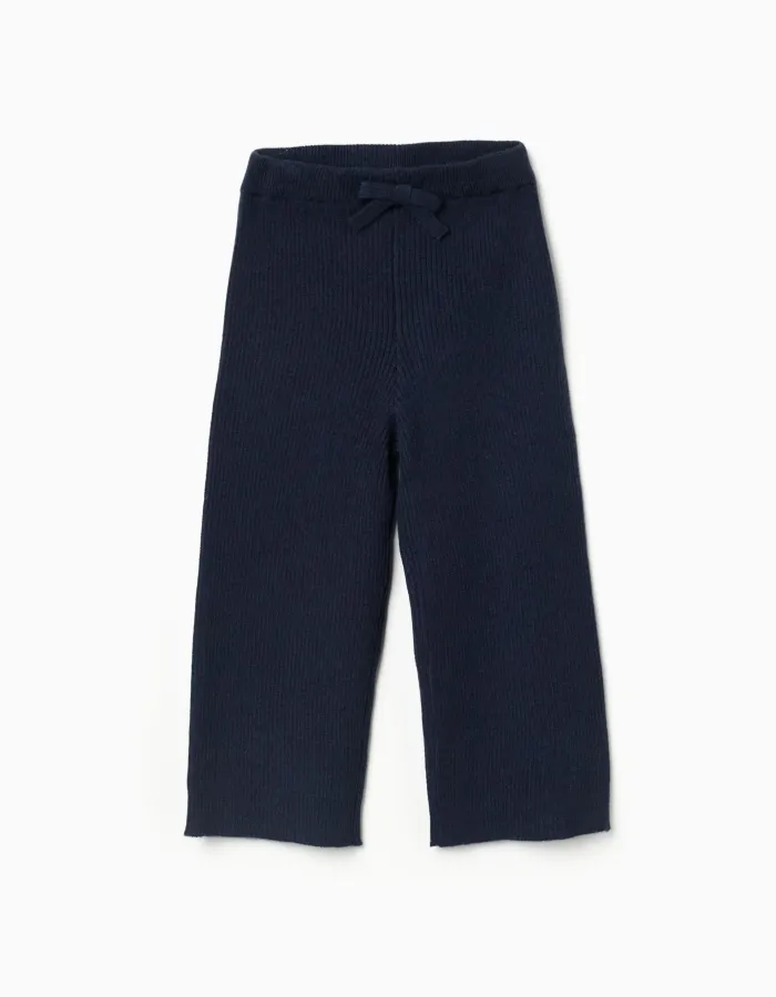 Wide leg ribbed knit trousers for baby girls, navy blue