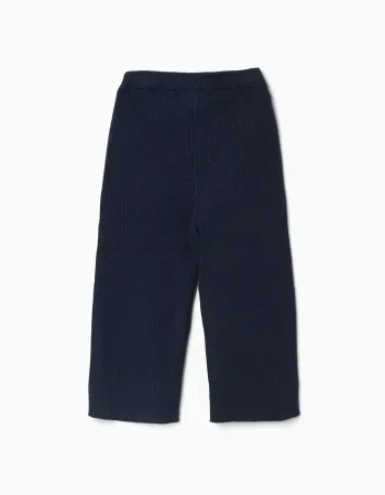 Wide leg ribbed knit trousers for baby girls, navy blue