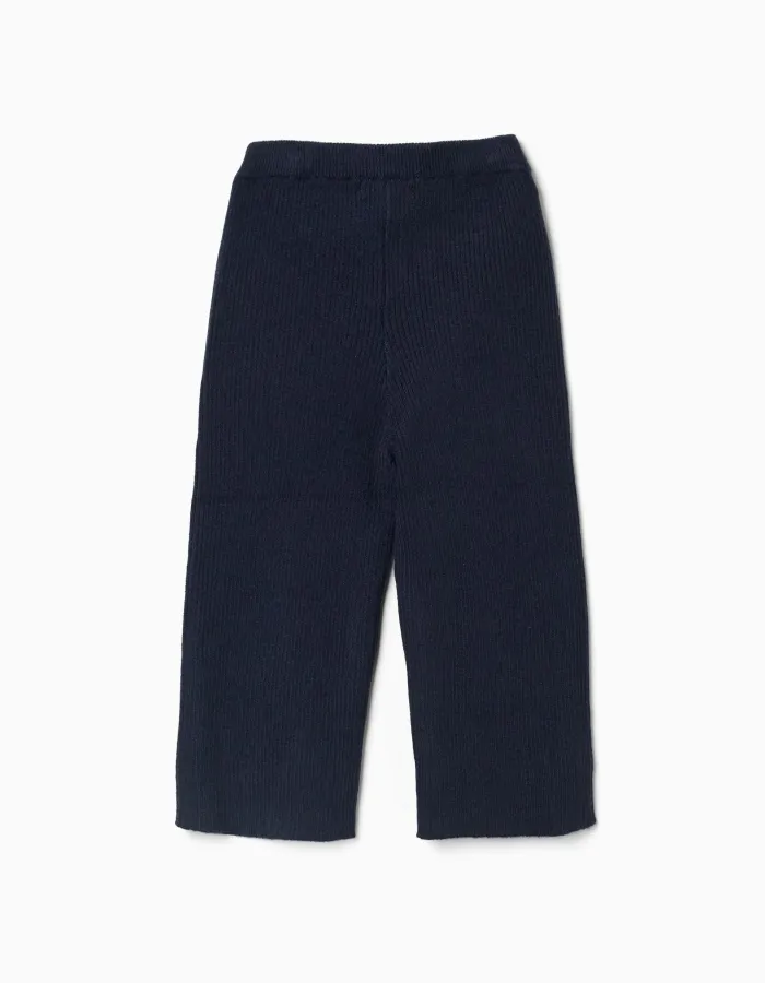 Wide leg ribbed knit trousers for baby girls, navy blue