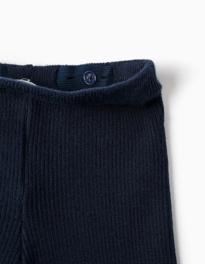 Wide leg ribbed knit trousers for baby girls, navy blue