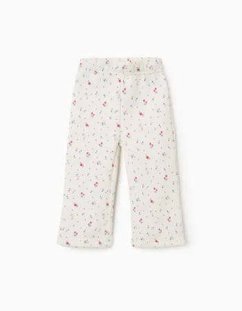 Brushed flared trousers with floral pattern for baby girls, white