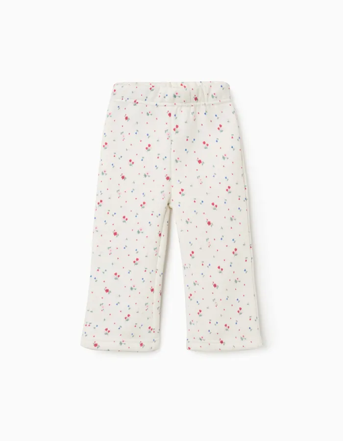 Brushed flared trousers with floral pattern for baby girls, white