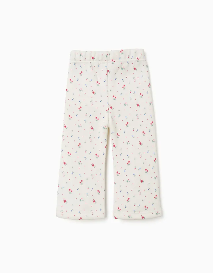 Brushed flared trousers with floral pattern for baby girls, white