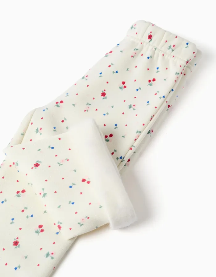 Brushed flared trousers with floral pattern for baby girls, white