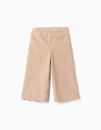 Wide leg corduroy trousers with elastic waist for baby girls, beige