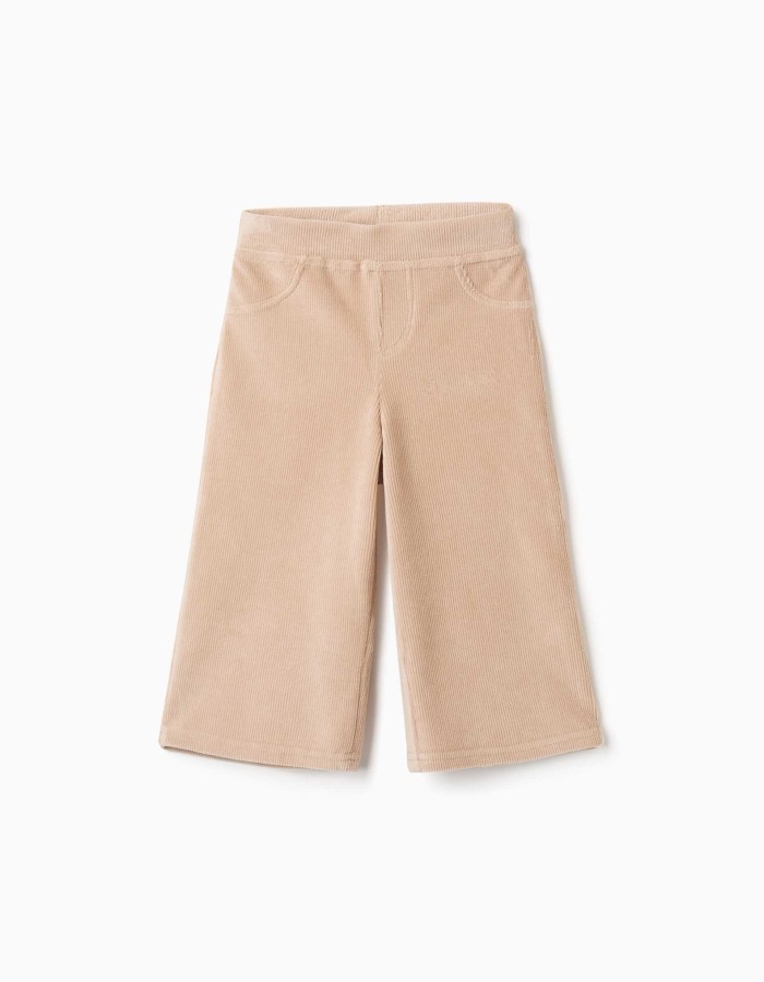 Wide leg corduroy trousers with elastic waist for baby girls, beige