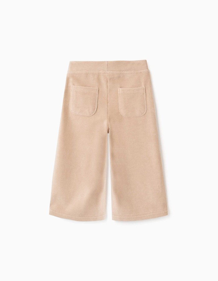 Wide leg corduroy trousers with elastic waist for baby girls, beige