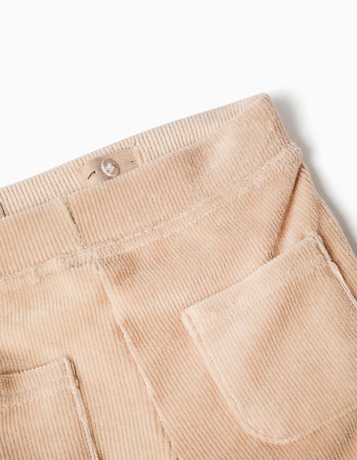 Wide leg corduroy trousers with elastic waist for baby girls, beige
