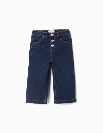 Wide leg jeans with front snap buttons for baby girls, dark blue