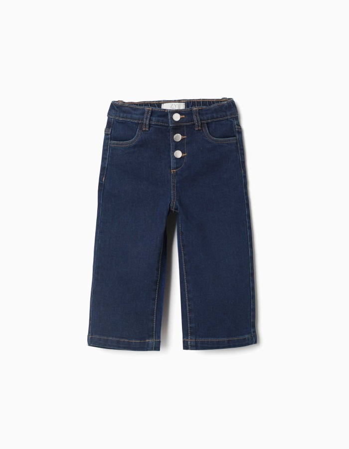 Wide leg jeans with front snap buttons for baby girls, dark blue