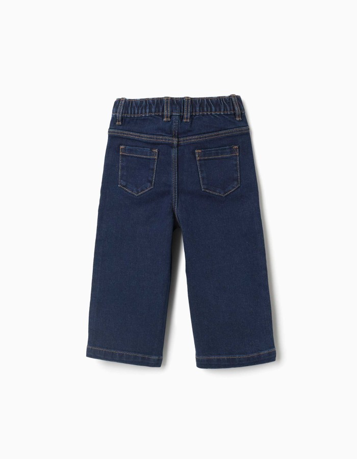 Wide leg jeans with front snap buttons for baby girls, dark blue