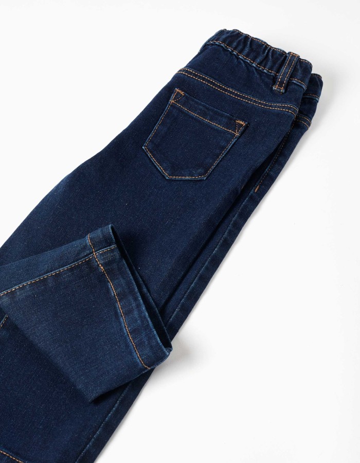 Wide leg jeans with front snap buttons for baby girls, dark blue
