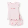Cotton pyjamas with heart prints and ruffles for baby girls, light pink