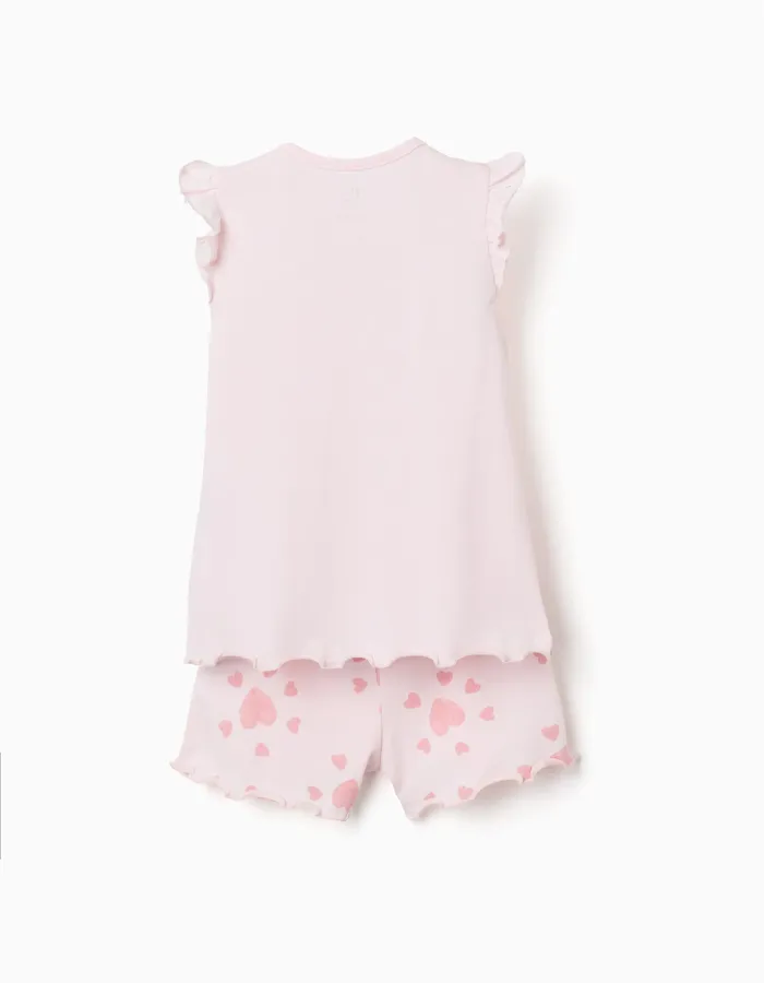 Cotton pyjamas with heart prints and ruffles for baby girls, light pink