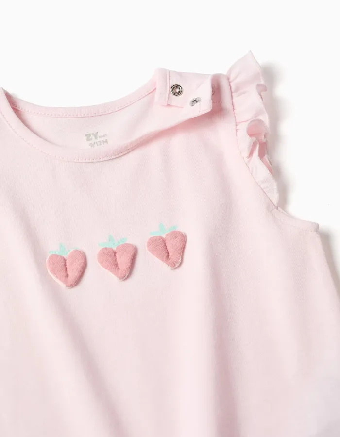 Cotton pyjamas with heart prints and ruffles for baby girls, light pink
