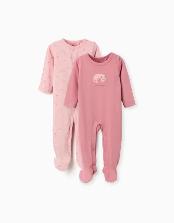 Pack of 2 cotton babygrows with prints for newborn and baby girls, pink