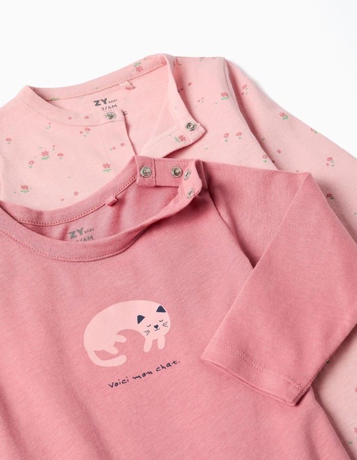 Pack of 2 cotton babygrows with prints for newborn and baby girls, pink