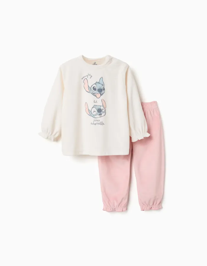 Velvet pyjamas with Stitch print for newborn and baby girls, beige/pink