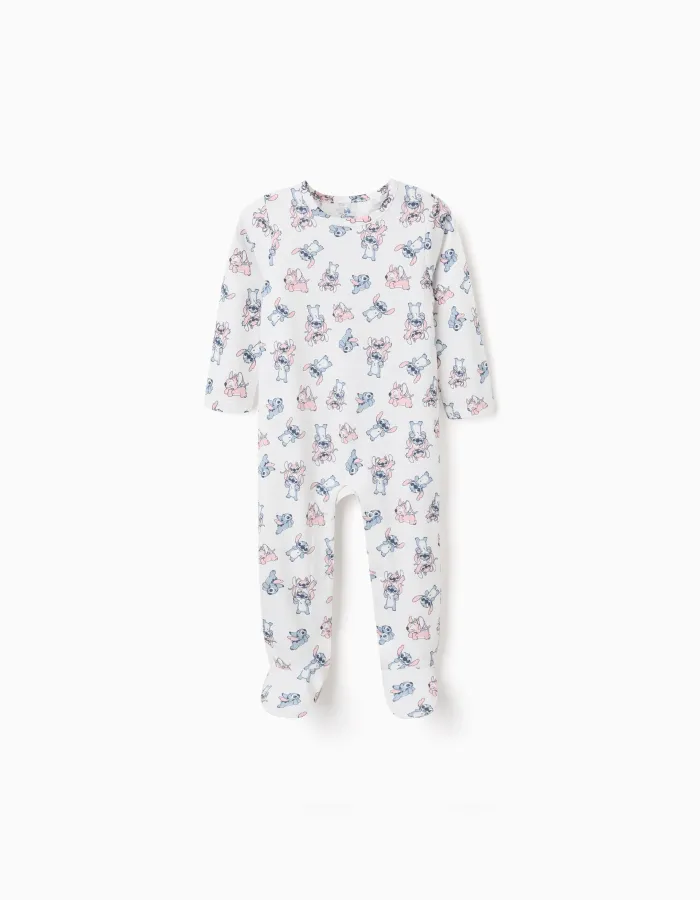Cotton sleepsuit with Stitch motif for newborn and baby girls, white