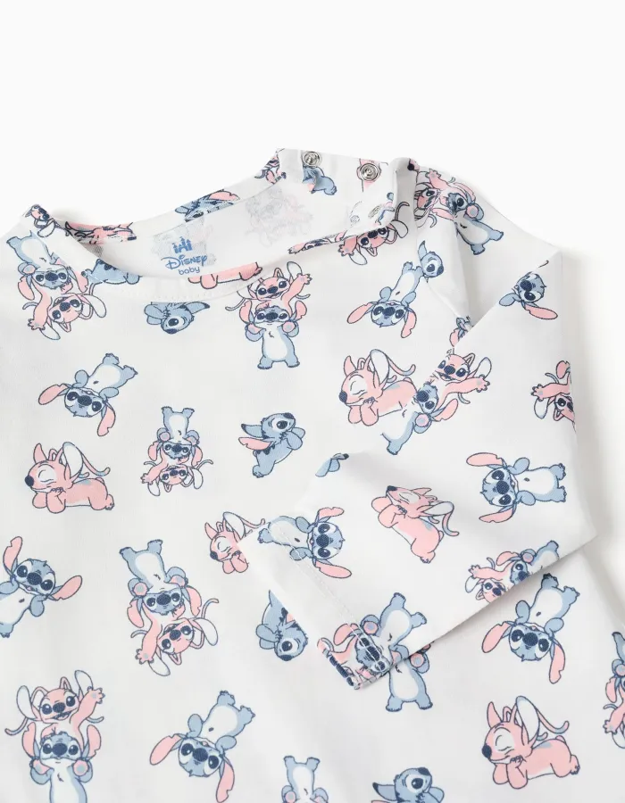 Cotton sleepsuit with Stitch motif for newborn and baby girls, white