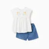 Cotton T-shirt with flowers + denim shorts for baby girls, white/blue