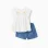 Cotton T-shirt with flowers + denim shorts for baby girls, white/blue