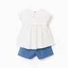 Cotton T-shirt with flowers + denim shorts for baby girls, white/blue