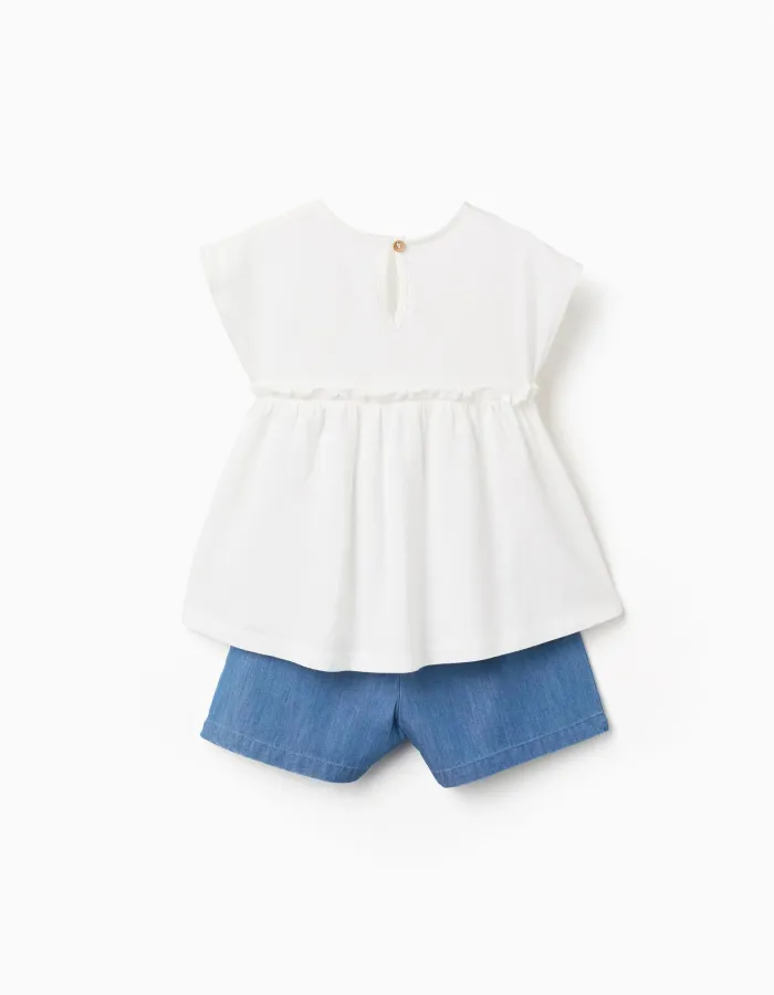 Cotton T-shirt with flowers + denim shorts for baby girls, white/blue