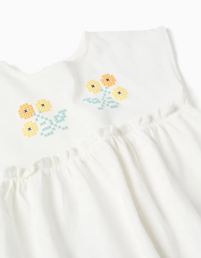 Cotton T-shirt with flowers + denim shorts for baby girls, white/blue