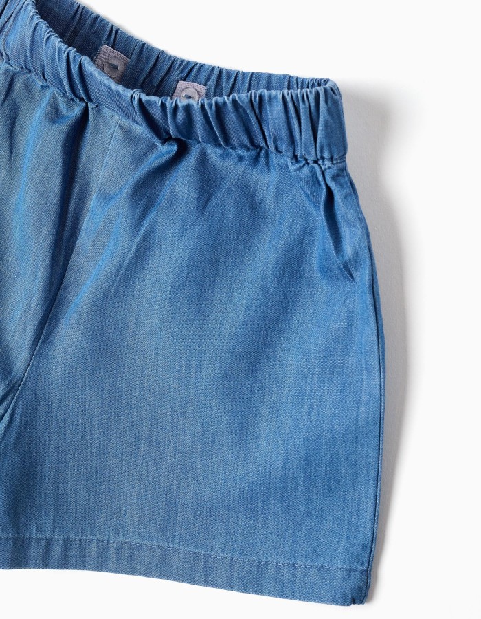 Cotton T-shirt with flowers + denim shorts for baby girls, white/blue