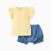 Cotton T-shirt and denim shorts set for baby girls, yellow/blue