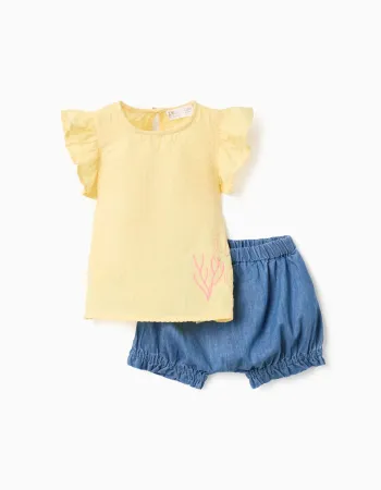 Cotton T-shirt and denim shorts set for baby girls, yellow/blue