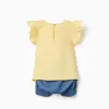 Cotton T-shirt and denim shorts set for baby girls, yellow/blue