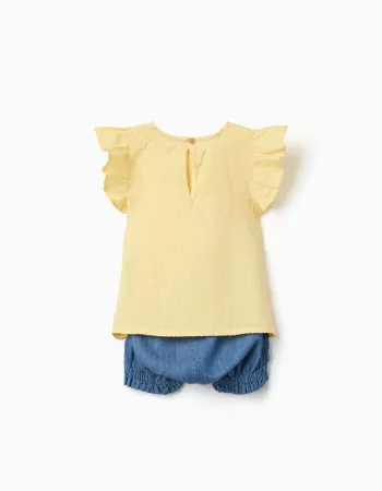 Cotton T-shirt and denim shorts set for baby girls, yellow/blue