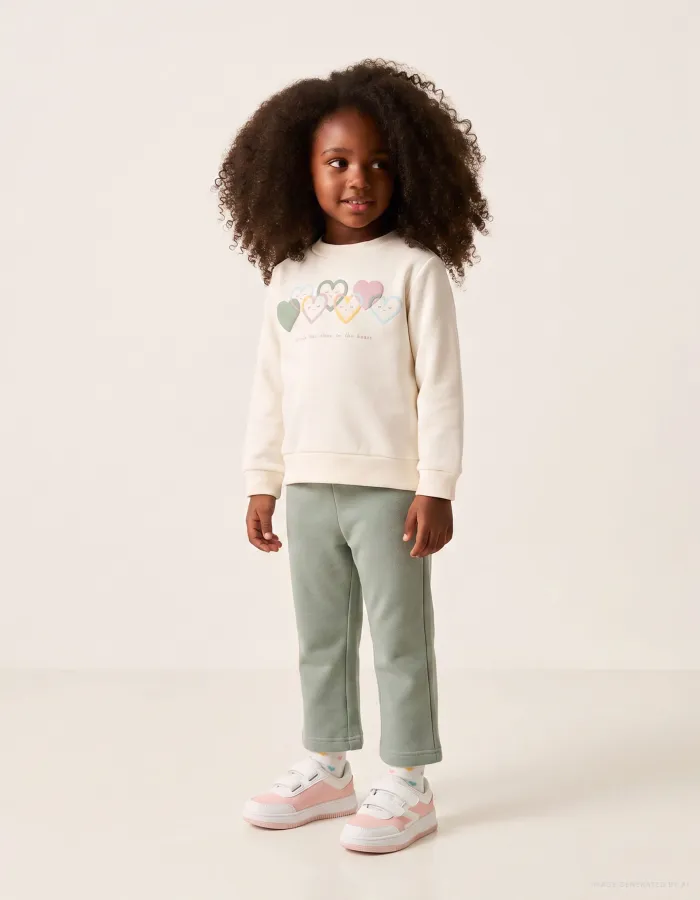 Brushed jogging set with heart print for baby girls, white/light green