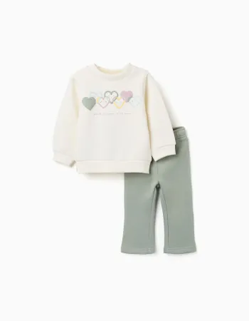 Brushed jogging set with heart print for baby girls, white/light green