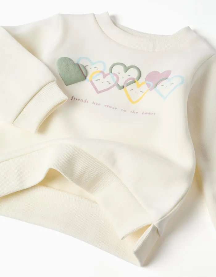 Brushed jogging set with heart print for baby girls, white/light green