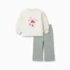 Brushed jogging set with house print for baby girls, white/green