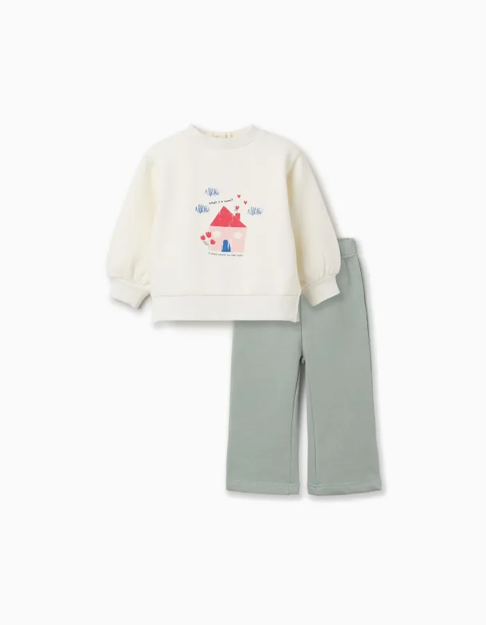Brushed jogging set with house print for baby girls, white/green