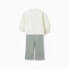 Brushed jogging set with house print for baby girls, white/green