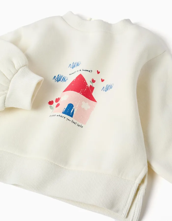 Brushed jogging set with house print for baby girls, white/green