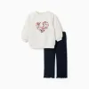 Cotton sweatshirt and trousers set for baby girls, white/navy blue