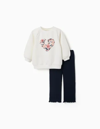 Cotton sweatshirt and trousers set for baby girls, white/navy blue