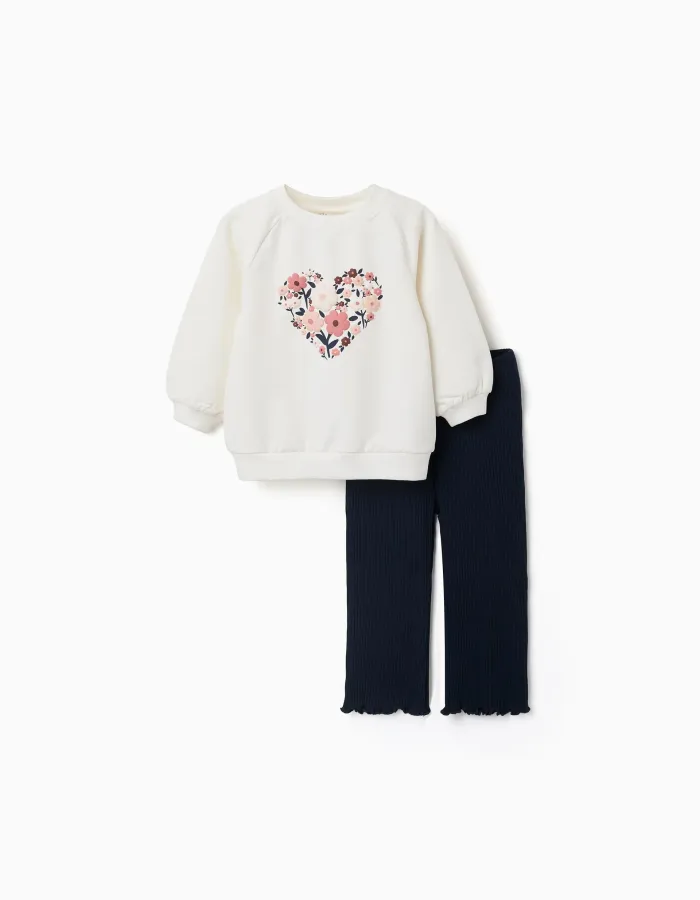 Cotton sweatshirt and trousers set for baby girls, white/navy blue