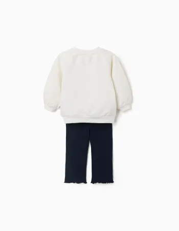 Cotton sweatshirt and trousers set for baby girls, white/navy blue