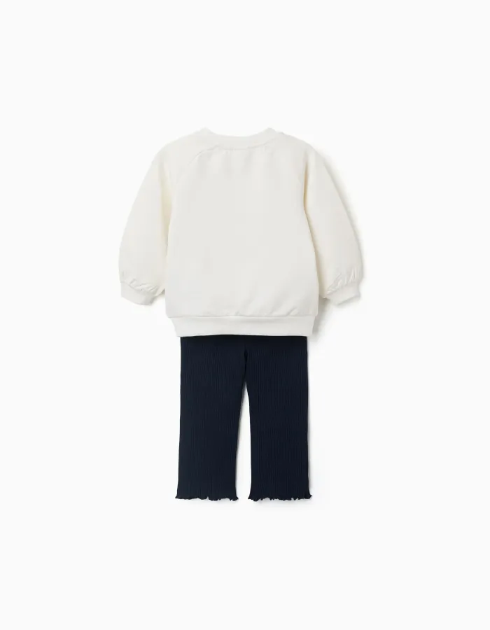 Cotton sweatshirt and trousers set for baby girls, white/navy blue