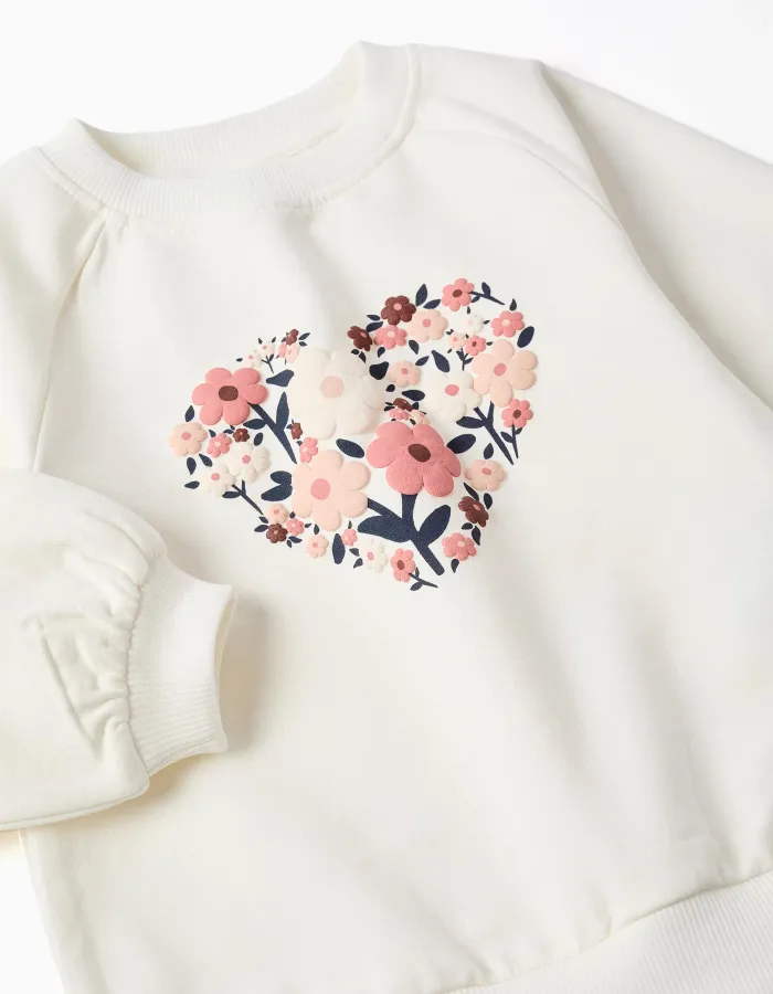 Cotton sweatshirt and trousers set for baby girls, white/navy blue