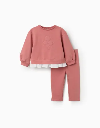 Cotton jogging set with embossed flower print for baby girls, pink
