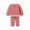 Cotton jogging set with embossed flower print for baby girls, pink